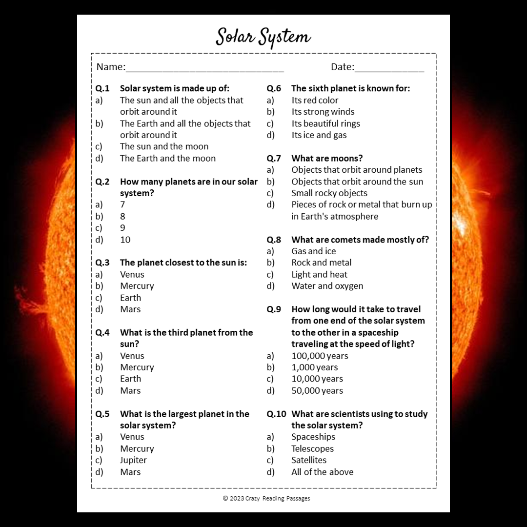 Solar System Reading Comprehension Passage and Questions | Printable PDF