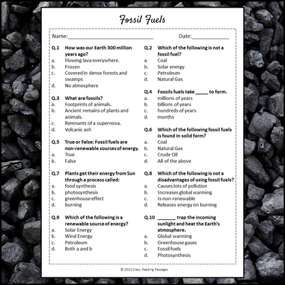 Fossil Fuels Reading Comprehension Passage and Questions | Printable PDF