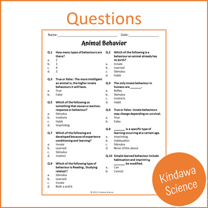 Animal Behavior Reading Comprehension Passage and Questions | Printable PDF
