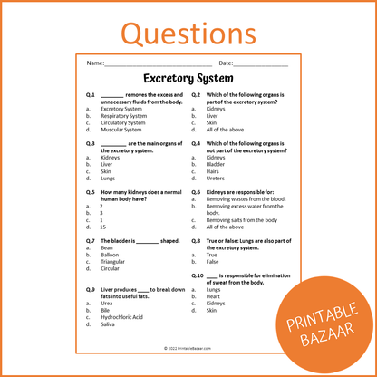 Excretory System Reading Comprehension Passage and Questions | Printable PDF