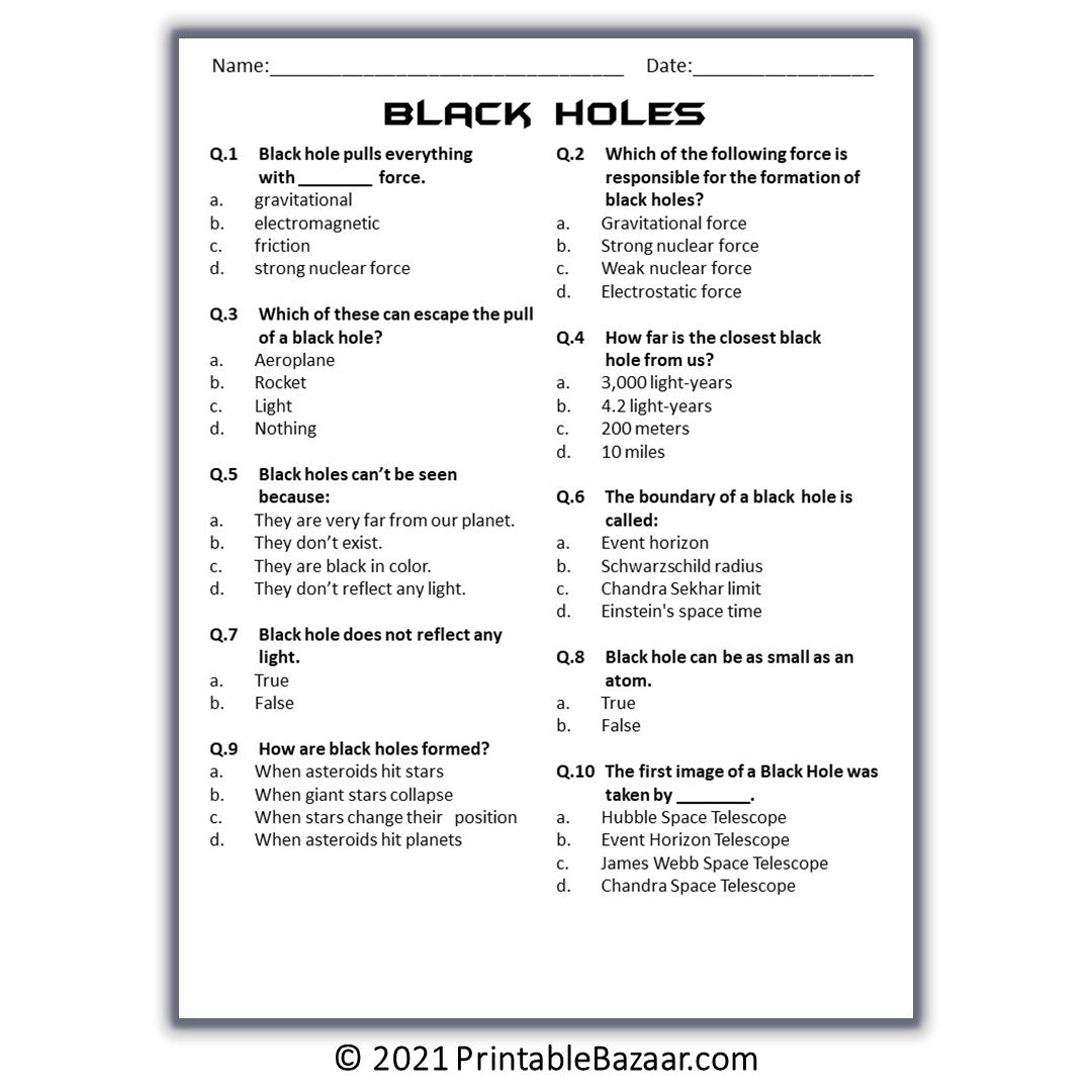 Black Holes Reading Comprehension Passage and Questions | Printable PDF