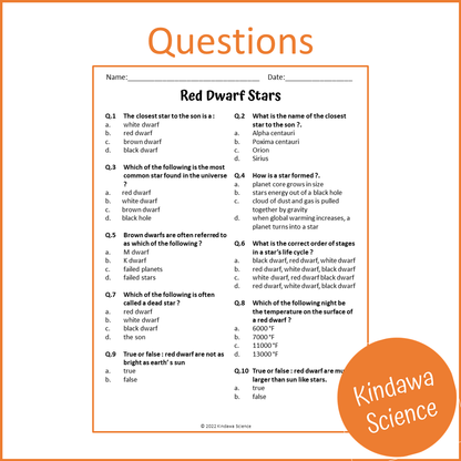 Red Dwarf Stars Reading Comprehension Passage and Questions | Printable PDF