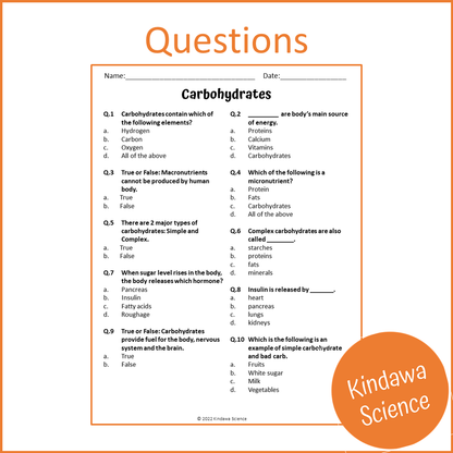 Carbohydrates Reading Comprehension Passage and Questions | Printable PDF