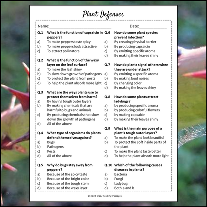 Plant Defenses Reading Comprehension Passage and Questions | Printable PDF