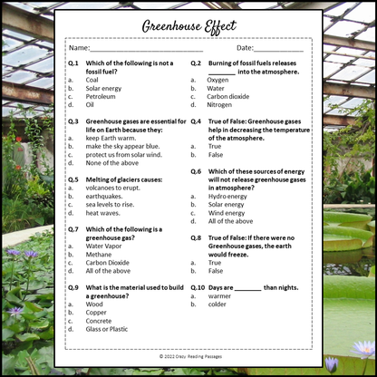 Greenhouse Effect Reading Comprehension Passage and Questions | Printable PDF