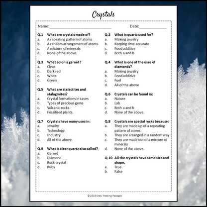 Crystals Reading Comprehension Passage and Questions | Printable PDF