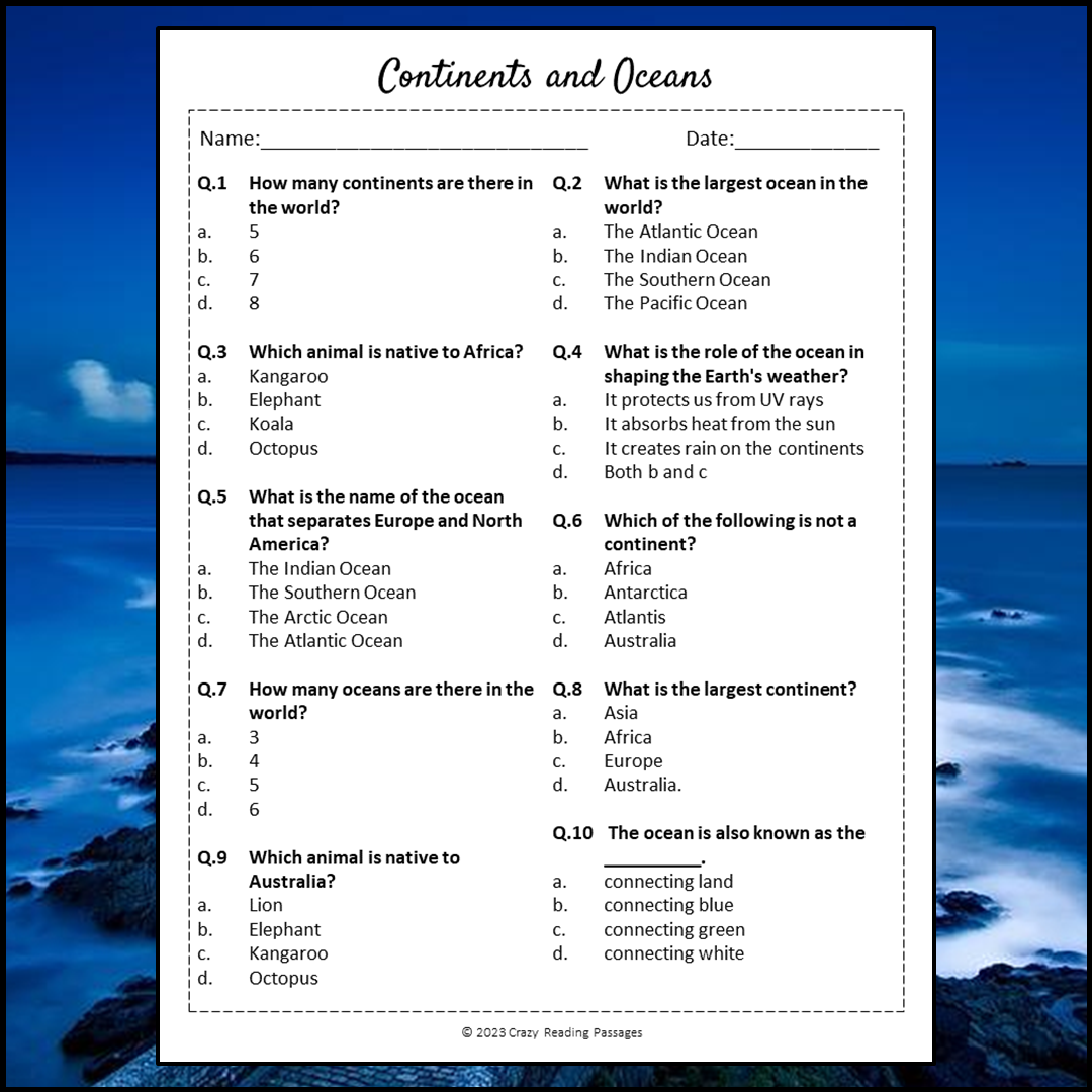 Continents And Oceans Reading Comprehension Passage and Questions | Printable PDF