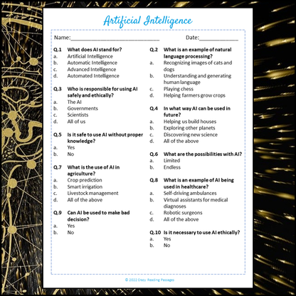 Artificial Intelligence Reading Comprehension Passage and Questions | Printable PDF