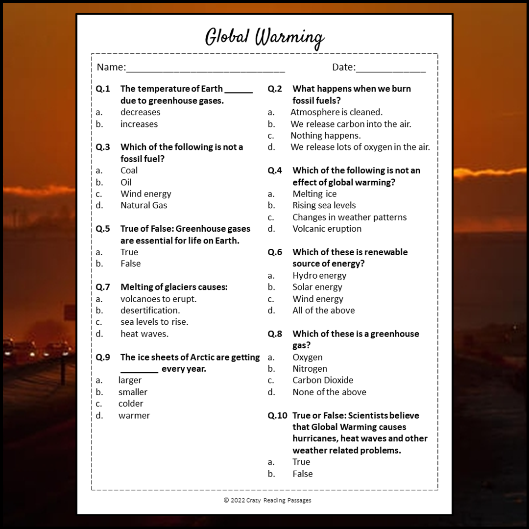 Global Warming Reading Comprehension Passage and Questions | Printable PDF