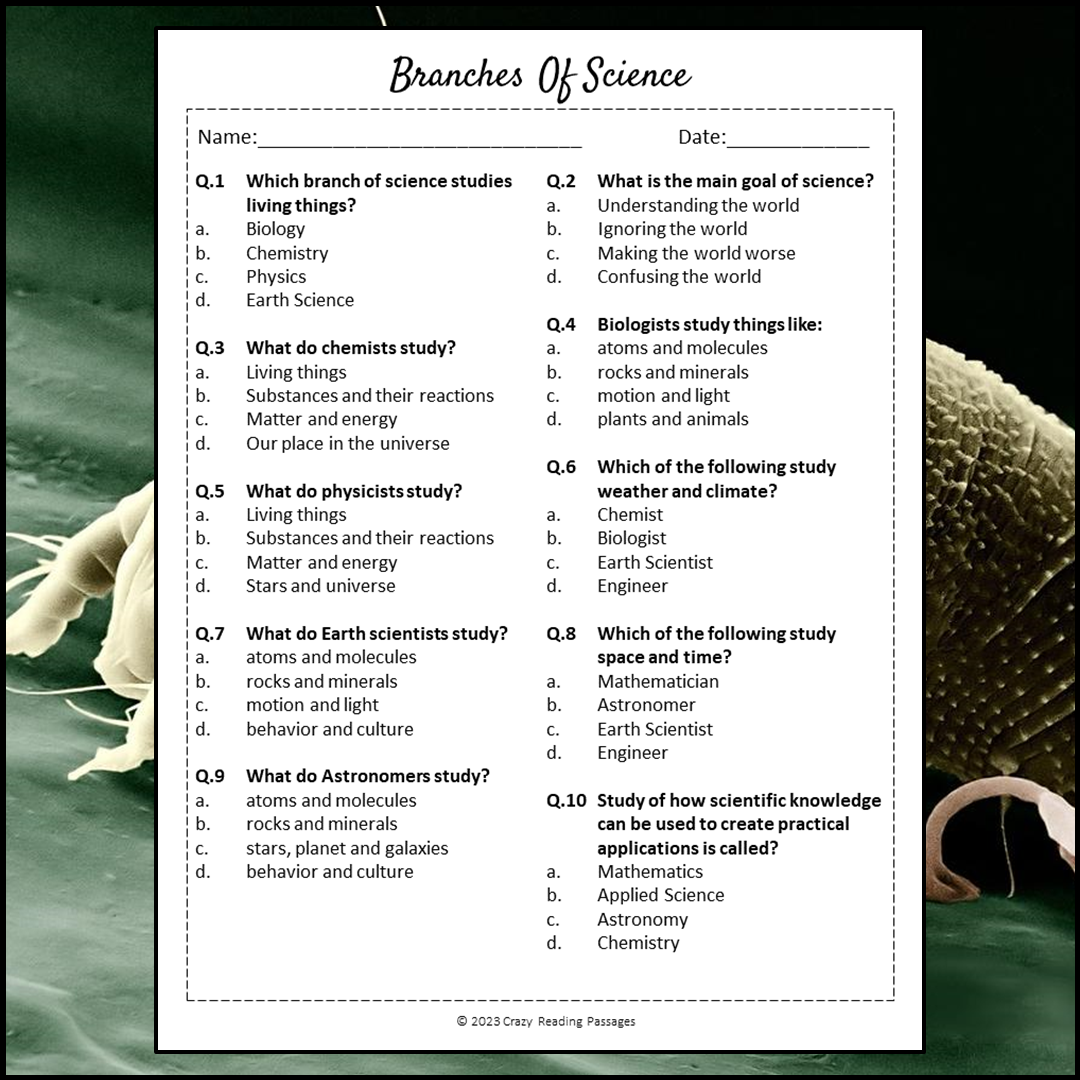 Branches Of Science Reading Comprehension Passage and Questions | Printable PDF