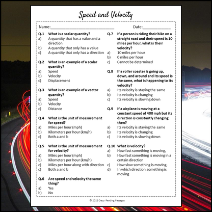 Speed And Velocity Reading Comprehension Passage and Questions | Printable PDF
