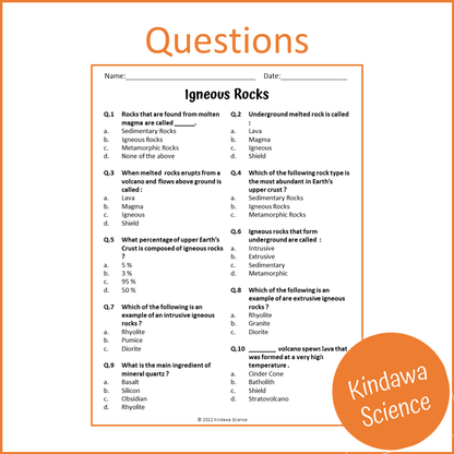 Igneous Rocks Reading Comprehension Passage and Questions | Printable PDF