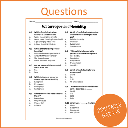 Watervapor And Humidity Reading Comprehension Passage and Questions | Printable PDF
