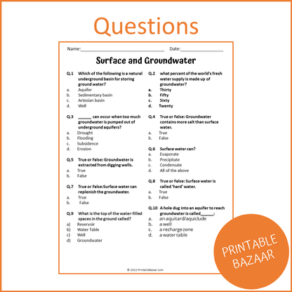Surface And Groundwater Reading Comprehension Passage and Questions | Printable PDF