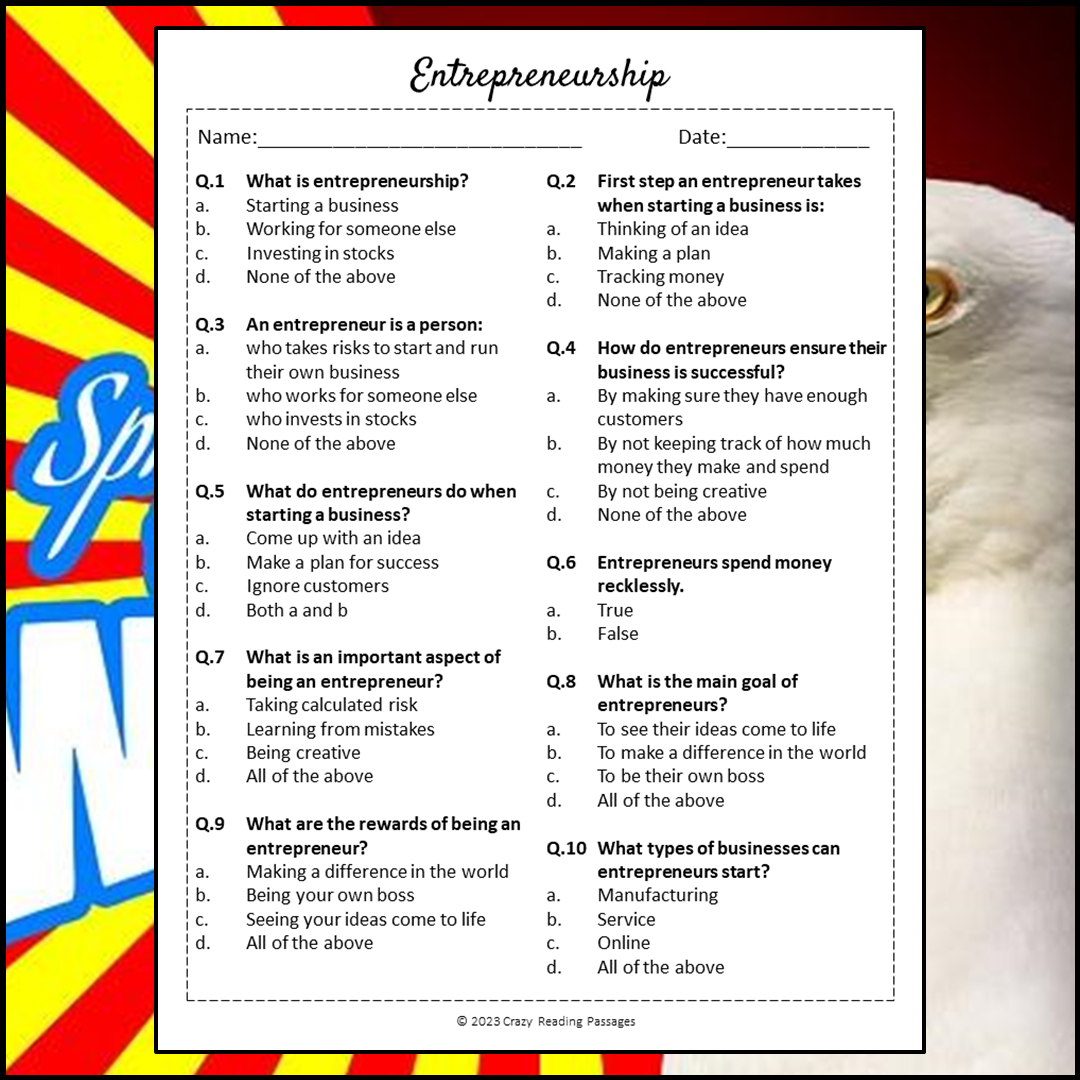 Entrepreneurship Reading Comprehension Passage and Questions | Printable PDF