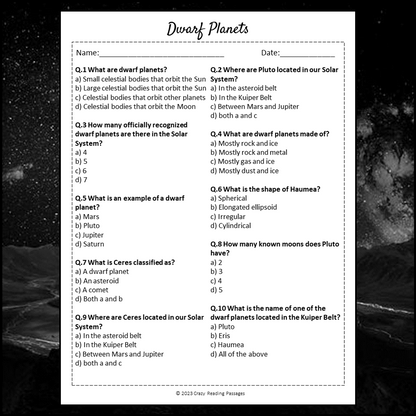 Dwarf Planets Reading Comprehension Passage and Questions | Printable PDF
