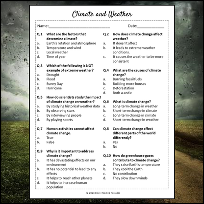Climate And Weather Reading Comprehension Passage and Questions | Printable PDF