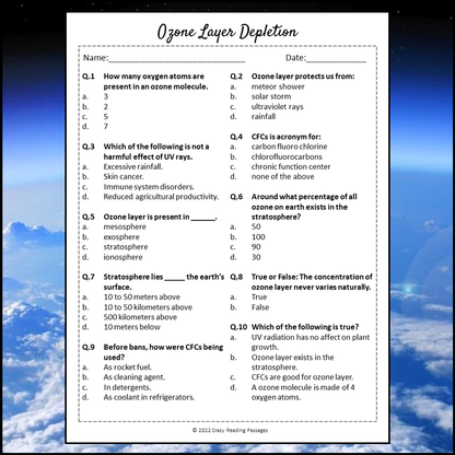 Ozone Layer Depletion Reading Comprehension Passage and Questions | Printable PDF