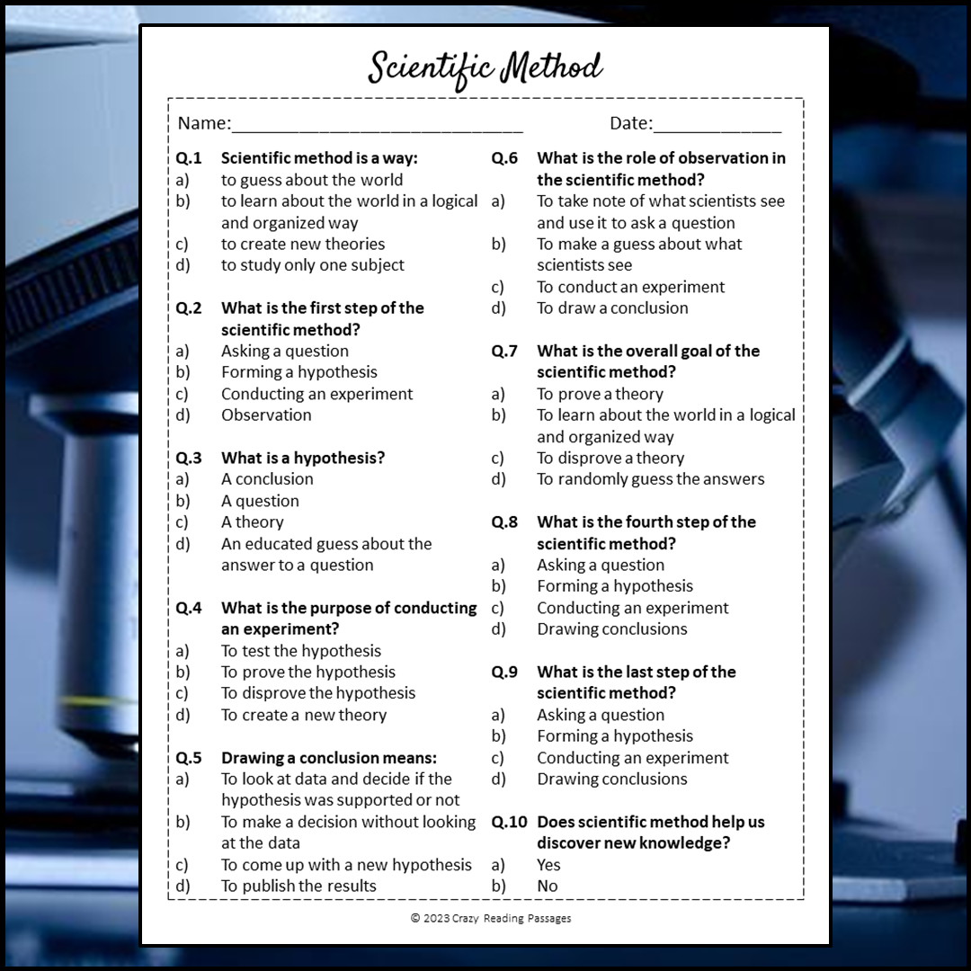 Scientific Method Reading Comprehension Passage and Questions | Printable PDF