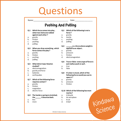 Pushing And Pulling Reading Comprehension Passage and Questions | Printable PDF