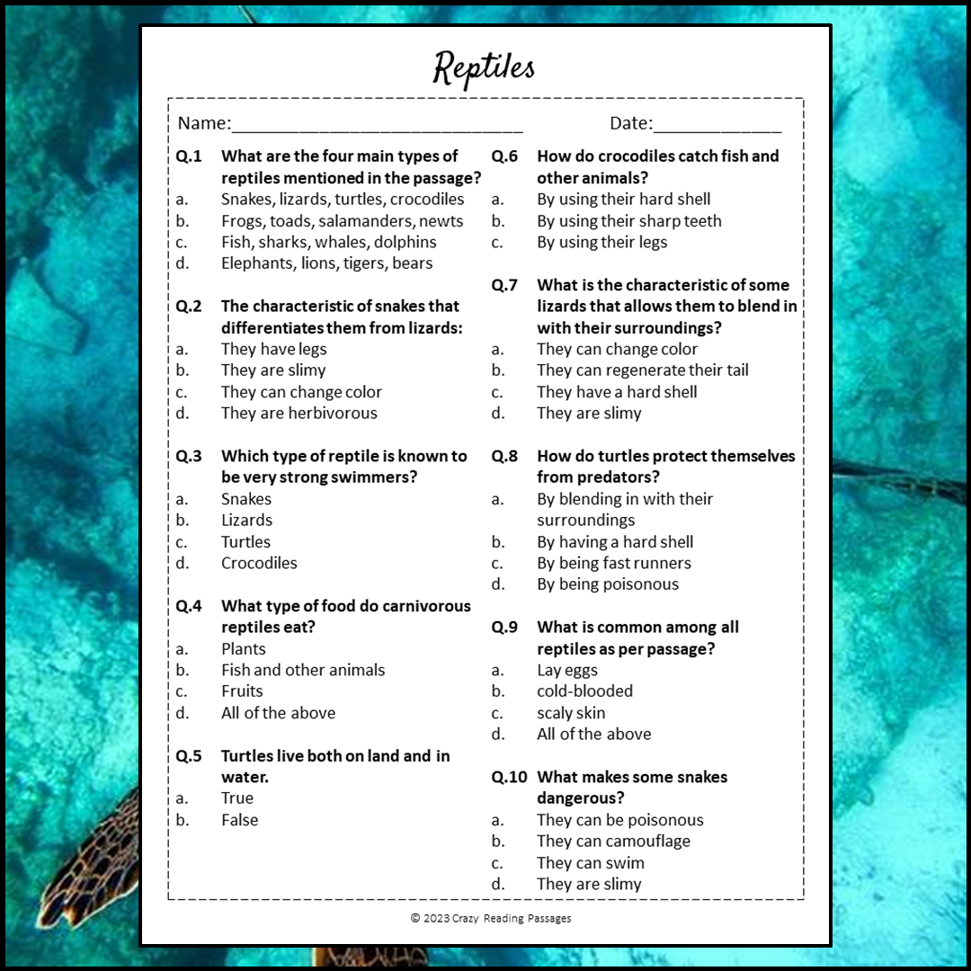Reptiles Reading Comprehension Passage and Questions | Printable PDF