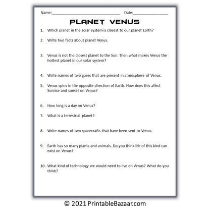 Venus Reading Comprehension Passage and Questions