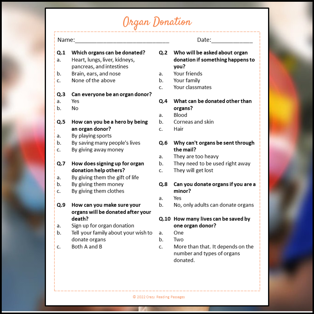 Organ Donation Reading Comprehension Passage and Questions | Printable PDF