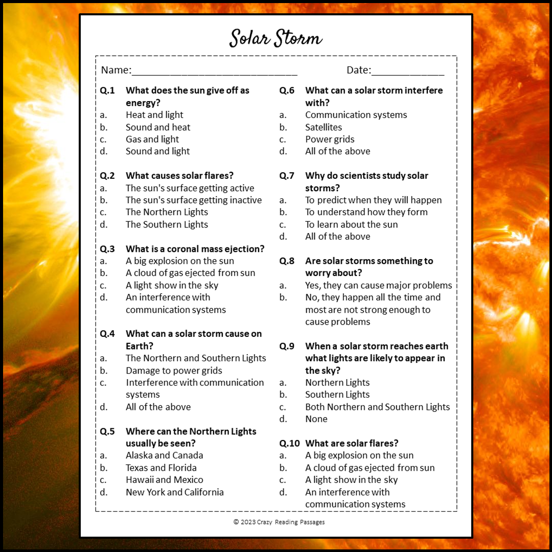 Solar Storm Reading Comprehension Passage and Questions | Printable PDF