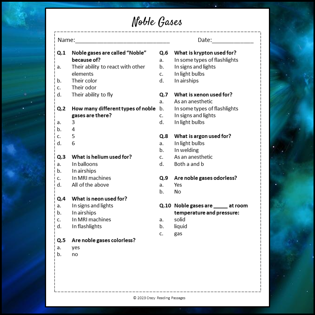 Noble Gases Reading Comprehension Passage and Questions | Printable PDF