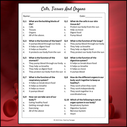 Cells, Tissues And Organs Reading Comprehension Passage and Questions | Printable PDF