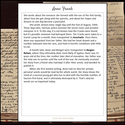 Anne Frank Reading Comprehension Passage and Questions | Printable PDF