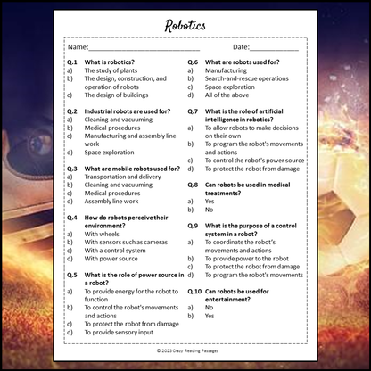 Robotics Reading Comprehension Passage and Questions | Printable PDF