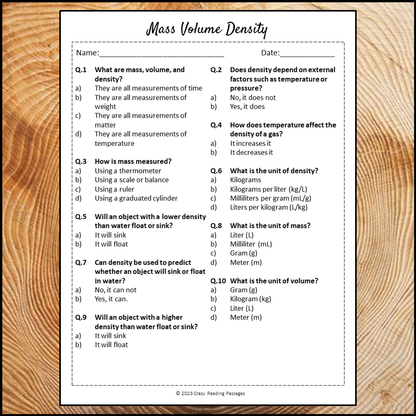 Mass Volume Density Reading Comprehension Passage and Questions | Printable PDF