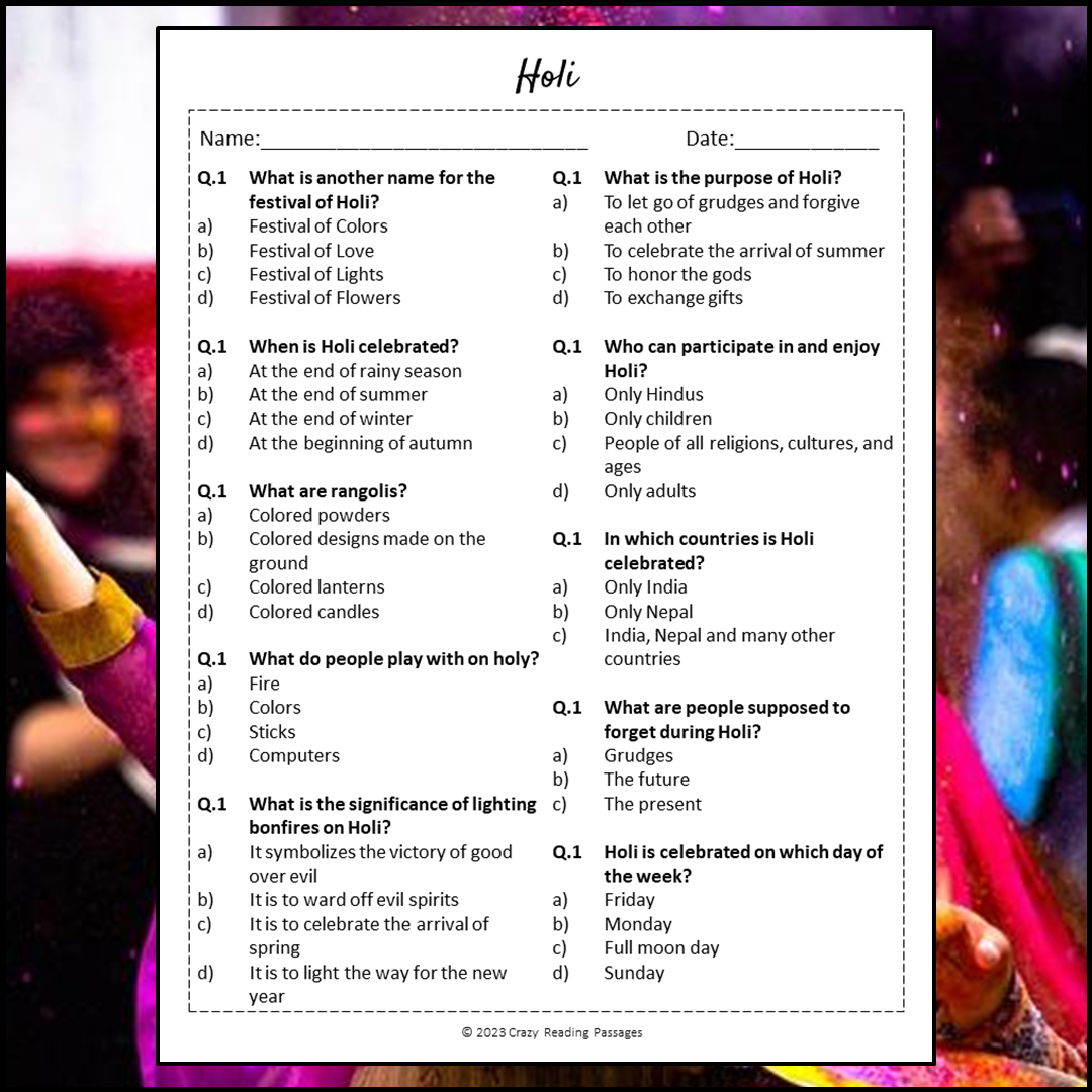 Holi Reading Comprehension Passage and Questions | Printable PDF