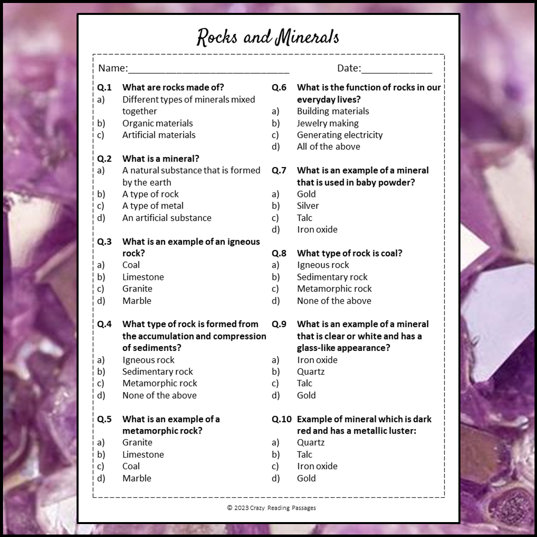 Rocks And Minerals Reading Comprehension Passage and Questions | Printable PDF