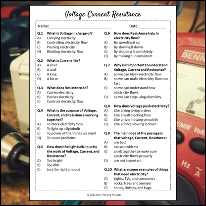 Voltage Current Resistance Reading Comprehension Passage and Questions | Printable PDF