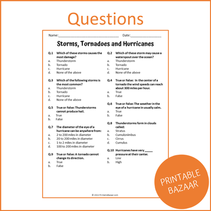 Storms, Tornadoes, and Hurricanes Reading Comprehension Passage and Questions | Printable PDF