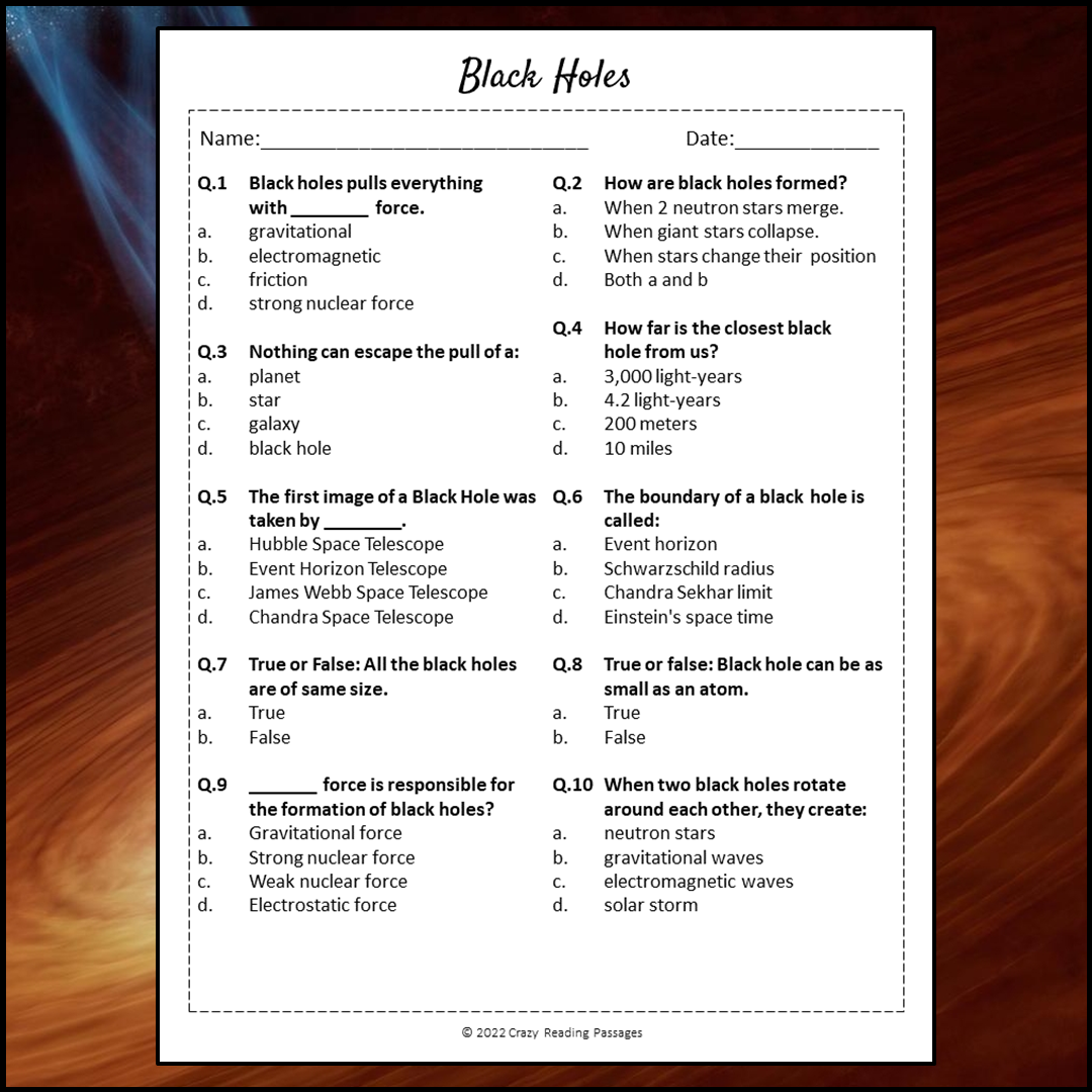 Black Holes Reading Comprehension Passage and Questions | Printable PDF