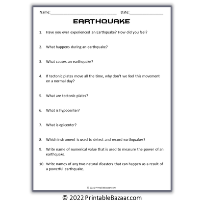 Earthquake Reading Comprehension Passage and Questions | Printable PDF