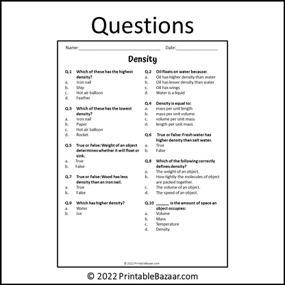 Density Reading Comprehension Passage and Questions | Printable PDF