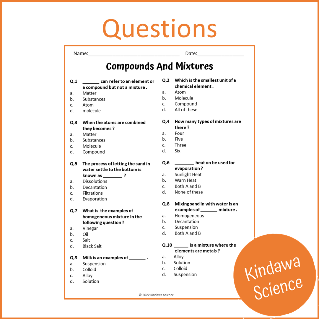 Compounds And Mixtures Reading Comprehension Passage and Questions | Printable PDF