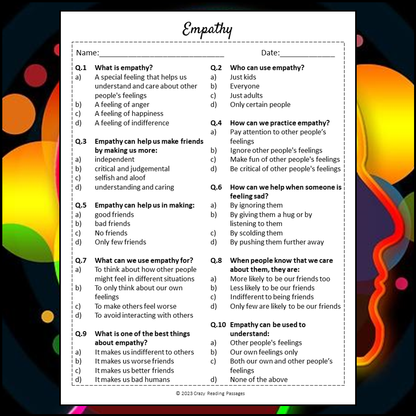 Empathy Reading Comprehension Passage and Questions | Printable PDF