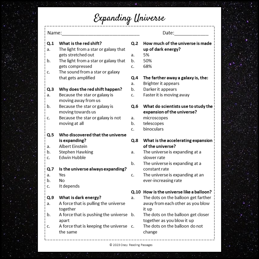 Expanding Universe Reading Comprehension Passage and Questions | Printable PDF