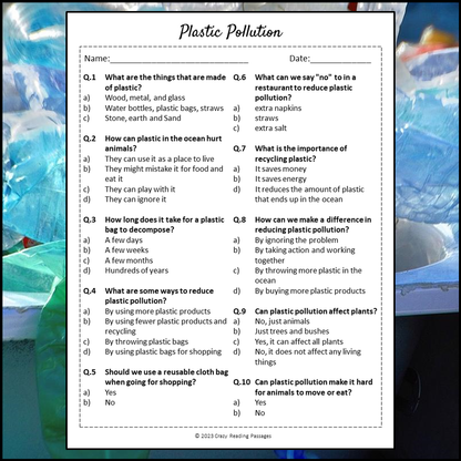 Plastic Pollution Reading Comprehension Passage and Questions | Printable PDF