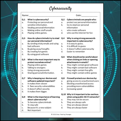 Cybersecurity Reading Comprehension Passage and Questions | Printable PDF