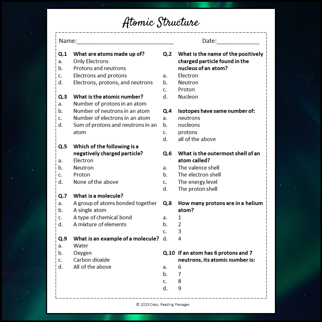 Atomic Structure Reading Comprehension Passage and Questions | Printable PDF