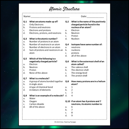 Atomic Structure Reading Comprehension Passage and Questions | Printable PDF