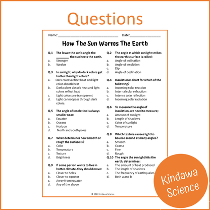 How The Sun Warms The Earth Reading Comprehension Passage and Questions | Printable PDF