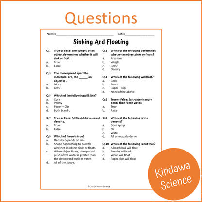 Sinking And Floating Reading Comprehension Passage and Questions | Printable PDF