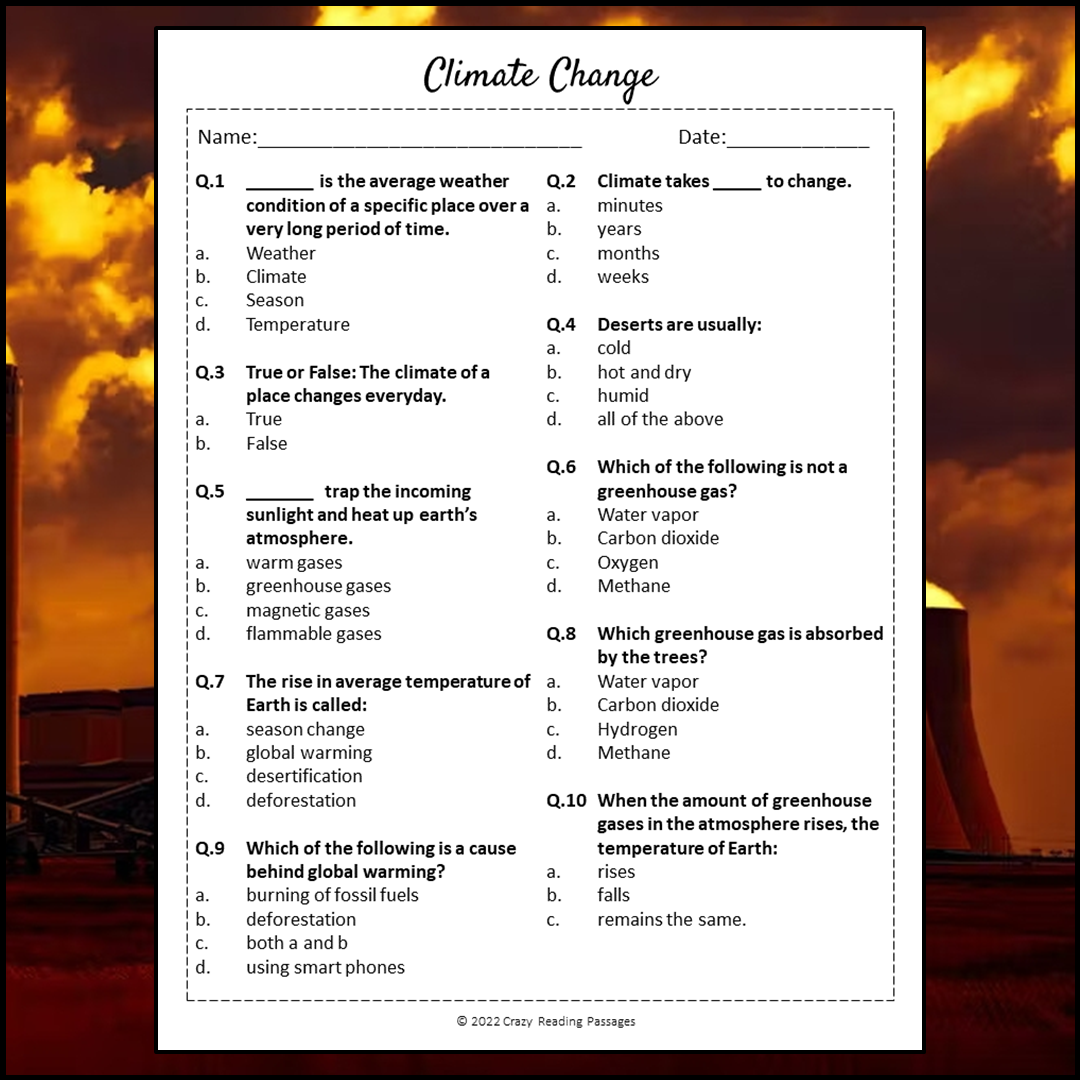 Climate Change Reading Comprehension Passage and Questions | Printable PDF